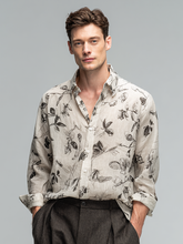 Men's long-sleeved cotton and linen floral printed top